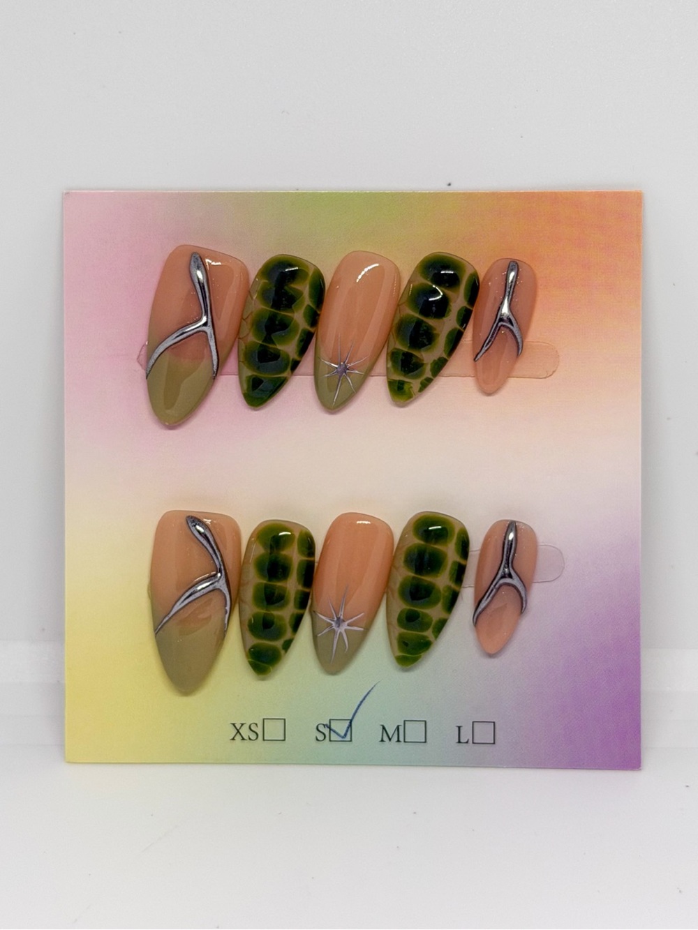 Olive Green & Peach Designer Press-On Nail Set with Silver Accents